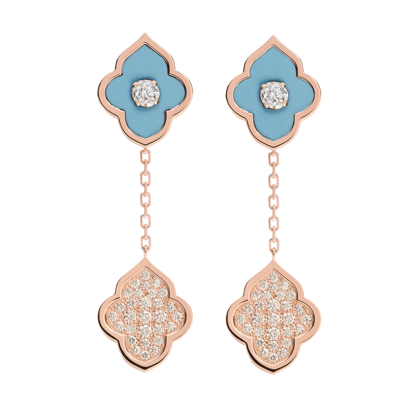 LUCE COLOUR - BOUCLES D'OREILLES PENDENTIF OR ROSE PAVE TURQUOISE &AMP; 2 DIAMANTS S